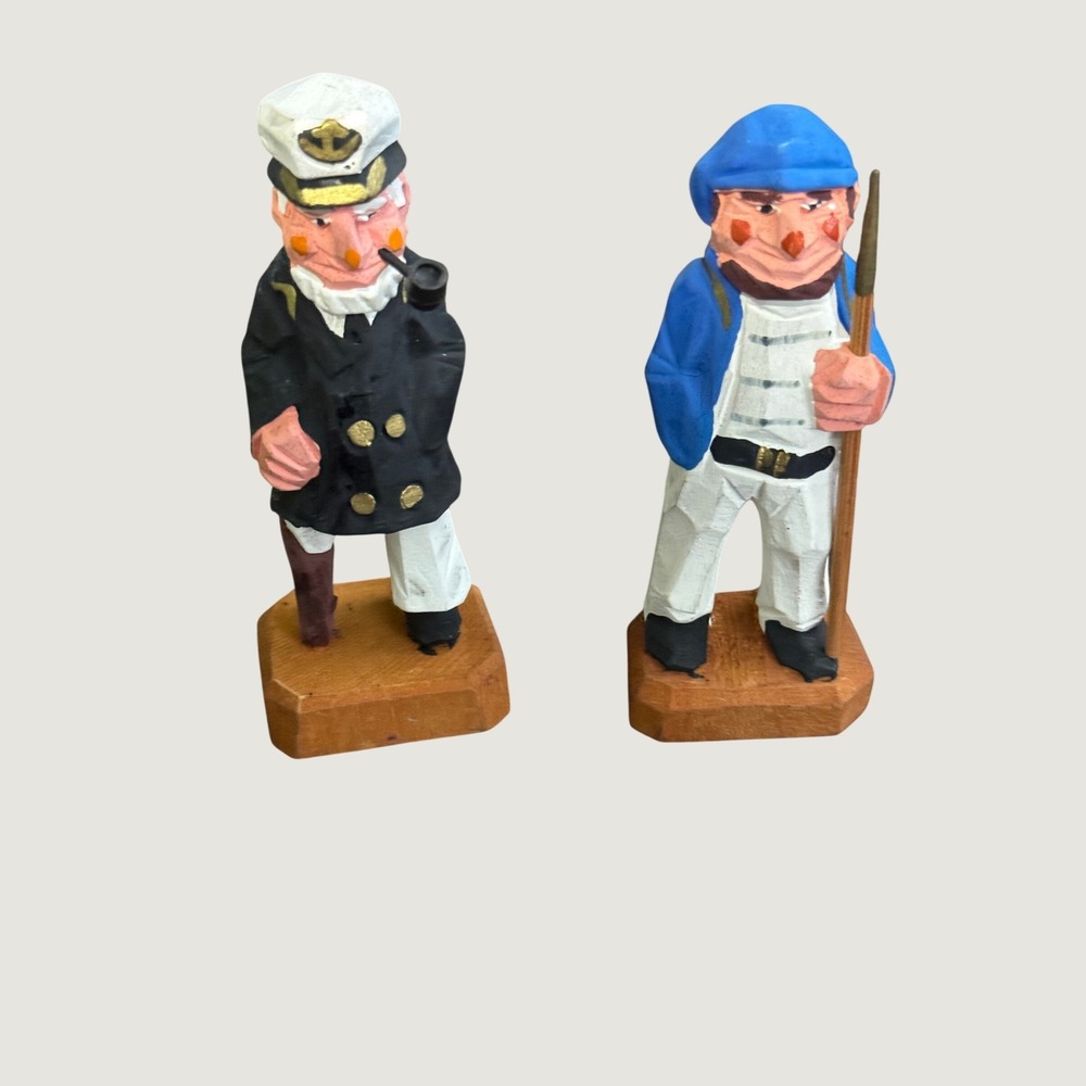 Vintage Pair of Hand Carved Wood Nautical Sea Captain Sailor Figurines Folk Art